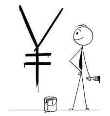 Poster - Cartoon stick drawing conceptual illustration of businessman with brush and paint can and big black Japanese Yen currency sign or symbol painted or written on wall.