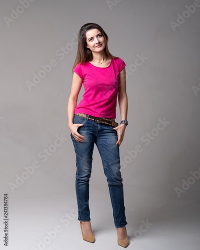 blue jeans and pink top