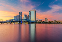 Skyline Of Jacksonville, FL And Main Street Bridge At Dusk