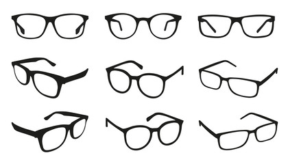 glasses icons - different angle view - black vector illustration set - isolated on white background