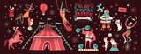 Fototapeta  - Collection of circus tent and funny show performers - clown, strongman, acrobats, trained animals, trapeze artist, hooper, juggling unicyclist. Colorful vector illustration in flat cartoon style.