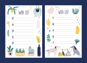Poster - Set of wish list templates decorated by houseplants growing in pots, pair of cute dogs holding flag garland and gift boxes. Bundle of cards with desired gifts. Vector illustration in flat style.