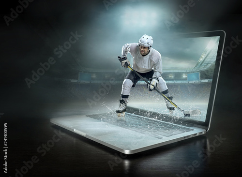 Fototapeta na szkło Caucasian ice hockey Players in dynamic action in a professional