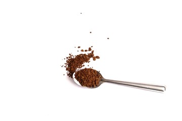 Instant coffee powder in a stainless teaspoon on white isolated background 