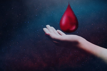 Poster - Woman hand holding blood drop. Mixed media.