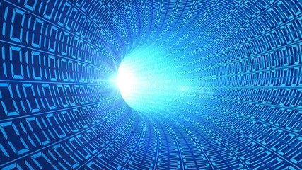 Fototapete - Binary code numbers in blue abstract speed motion in highway tunnel with light flare for futuristic network connection technology background, digital data in computer. 3d illustration
