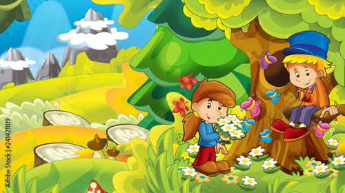 Cartoon Nature Background With Kids Having Fun In The Forest Illustration For Children Stock Illustration Adobe Stock adobe stock
