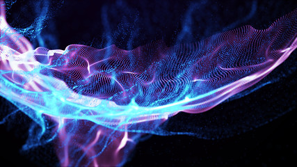 Aufkleber - Imitation an abstract wave on dark background. Network Design with Particle. Big data. Abstract bright shine in black space. 3D rendering .