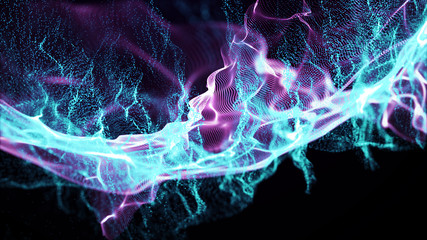 Aufkleber - Imitation an abstract wave on dark background. Network Design with Particle. Big data. Abstract bright shine in black space. 3D rendering .