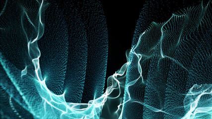 Poster - Imitation an abstract wave on dark background. Network Design with Particle. Big data. Abstract bright shine in black space. 3D rendering .