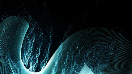Poster - Imitation an abstract wave on dark background. Network Design with Particle. Big data. Abstract bright shine in black space. 3D rendering .