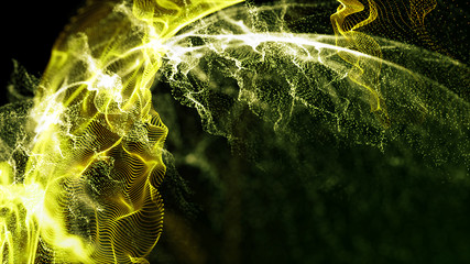 Poster - Imitation an abstract wave on dark background. Network Design with Particle. Big data. Abstract bright shine in black space. 3D rendering .