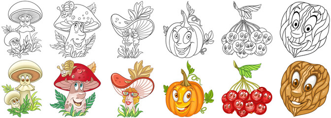 Cartoon forest and garden plants set