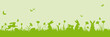 Green easter holiday scene banner with bunnies, eggs, flowers vector illustration