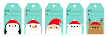 Christmas Gift Tag Set. Santa Claus White Polar Bear Snowman Raindeer Deer Penguin Bird Face. New Year. Cute Cartoon Funny Kawaii Baby Character. Flat Design Blue Snow Background.