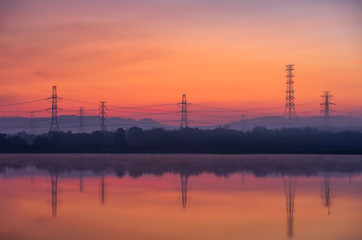 Wall Mural - electric transmission towers in fog