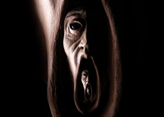 Wall Mural - image of a panicked face screaming with bulging eyes, terrifying face. Face of fear very frightened, concept of nightmare and scare. Image for halloween or day of the dead
