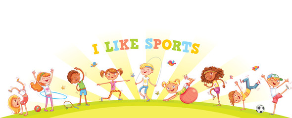 Children are engaged in different kinds of sports on nature background