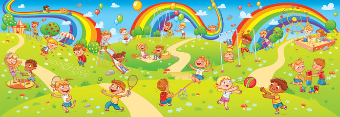 Children playing in playground. Seamless children's panorama for your design