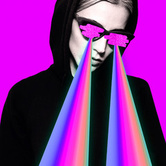 Poster - Fashion hipster girl with rainbow lasers from eyes.  Minimal collage art