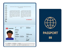 Opened International Passport Template With Blue Cover, Personal Data Page With Man Photo, Official Document, Vector Illustration