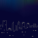Northern lights over night city buildings. Vector illustration.