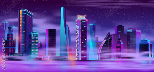 Fotografía Future metropolis night landscape neon color cartoon vector with futuristic design illuminated skyscrapers on river shore shrouded in mist or smog illustration