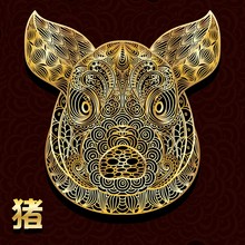 Golden Ornamental Pig Head On A Black Background. The Chinese Hieroglyph Is Translated As A Pig. Symbol Of 2019 On The Eastern Lunar Calendar