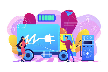 Wall Mural - Eco-friendly elecrtic truck with plug charging battery at the charger station. Electric truck, eco-friendly logistics, modern transportation concept. Bright vibrant violet vector isolated illustration