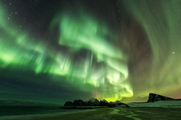 amazin landscape of northen lights in background at lofoten, norway