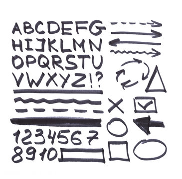 Letters, numbers, arrows, mathematical symbols, lines, written in black marker.