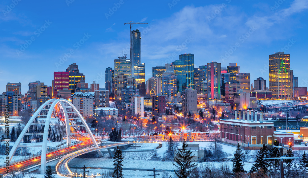 Edmonton Downtown Skyline Just After Sunset in the Winter - obrazy, fototapety, plakaty 