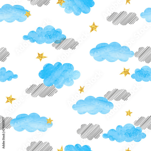 Seamless blue watercolor cl...