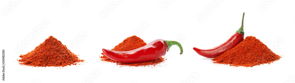 Set with chili pepper powder on white background - obrazy, fototapety, plakaty 