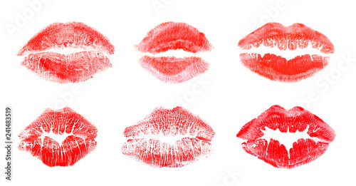 Photographie Set with color lipstick kiss marks on white background