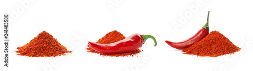 Fotografía Set with chili pepper powder on white background