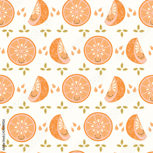 Fotografie, Obraz Cute orange citrus fruit cartoon with glass slice and segment