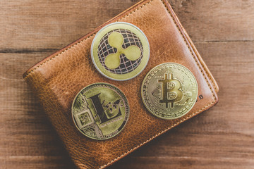 Poster - Cryptocurrency Bitcoin. Digital money for banking and international network payment. Wallet with blockchain concept.