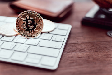 Poster - Cryptocurrency Bitcoin. Digital money for banking and international network payment. Wallet with blockchain concept.