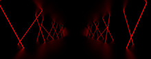Red Laser Light Glow In The Dark Room. 3D Illustration.