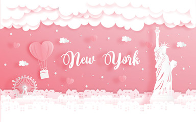 Fototapete - Honeymoon trip and Valentine's day concept with travel to New York City, America and world famous landmark in paper cut style vector illustration.