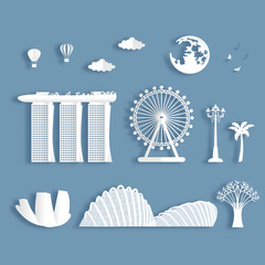 Wall Mural - collection of singapore famous landmarks in paper cut style vector illustration.