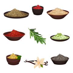 Canvas Print - Flat vector set of different seasonings. Organic fragrant ingredients for flavoring dishes. Cooking theme