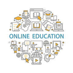 Poster - E-learning distance education outline icons set for interface, print.