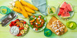 © anaumenko - Summer bbq party concept - grilled chicken, vegetables, corn, salad, top view, copy space