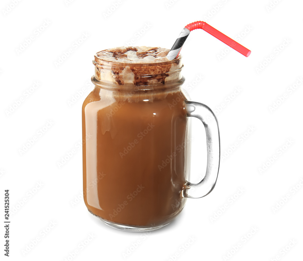 Mason jar of tasty aromatic coffee on white background