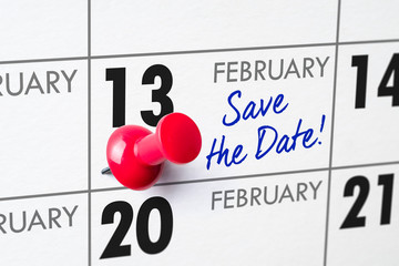 Wall Mural - Wall calendar with a red pin - February 13