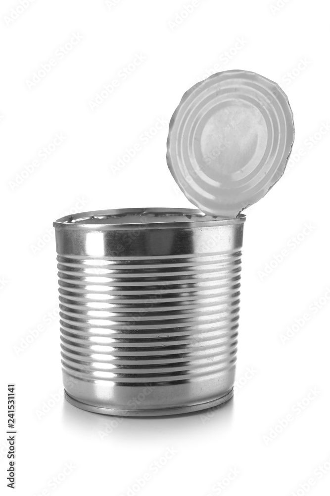 Used tin can on white background. Recycling concept