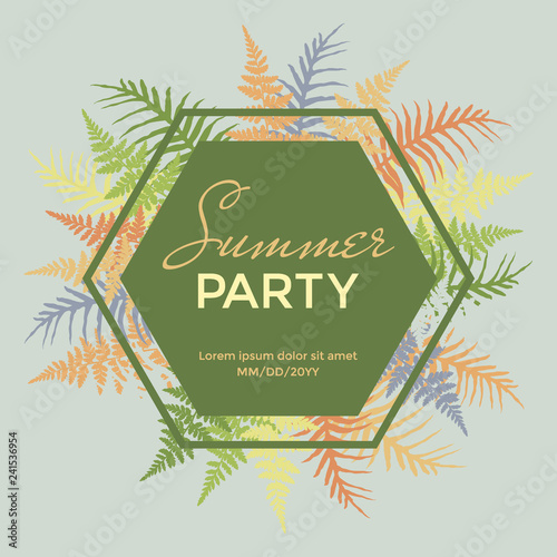 Summer party poster, banner, card or invitation vector template. Fern frond h...