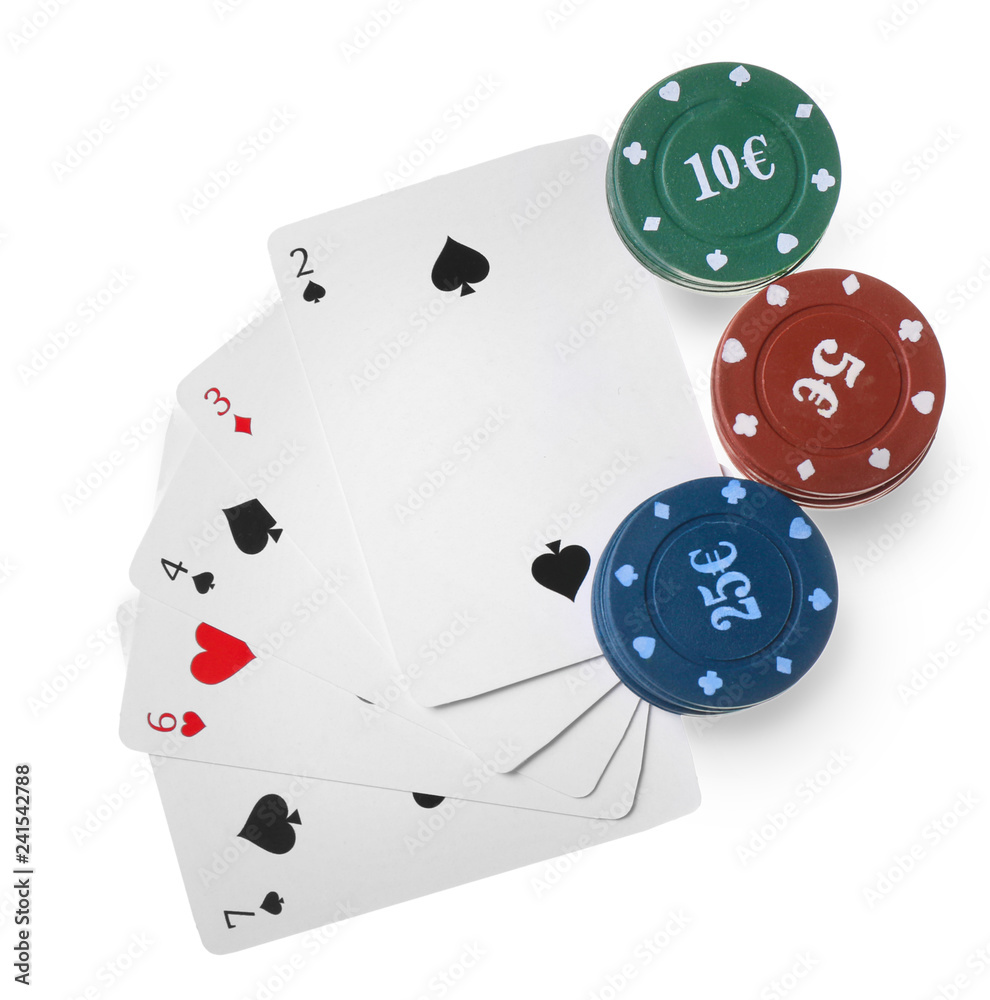 Chips with cards for poker game on white background